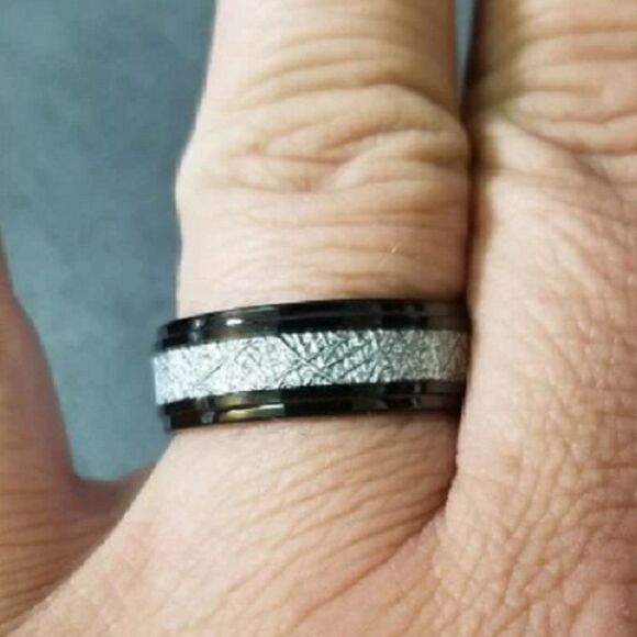 Engraved Men's Real Black Tungsten Promise Ring With Meteorite Inlay - Picture 2 of 7